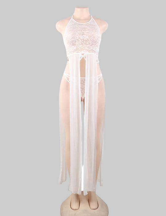 Plus Size Elegant White Cutout Out Lace Nightgown in White - Love It Curvy