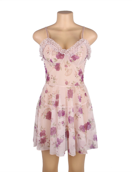 Plus size floral mesh babydoll lingerie set with ruffle details in purple, image 1