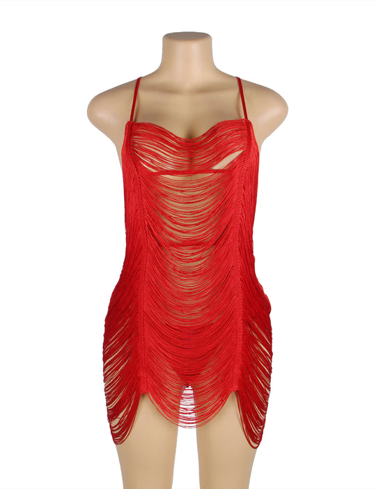 Tassel Cutout Babydoll Set in red - Love It Curvy