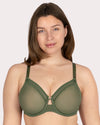 Curvy Couture Sheer Mesh Full Coverage Underwire Bra with Geometric Trim in Bronze Green