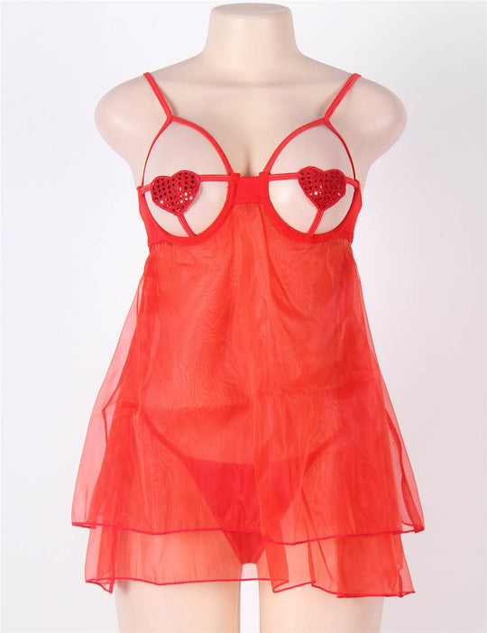 Red Open Cup Plus Size Babydoll With Adjustable Strap in red - Love It Curvy