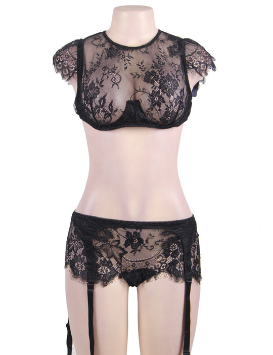 Plus Size Black Lace Halter Bra Set With Underwire - Love It Curvy