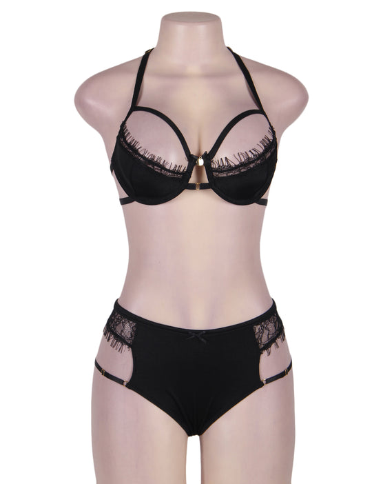 Love It Curvy: Plus Size Black Halter Bra Set With Eyelash in black - Love It Curvy