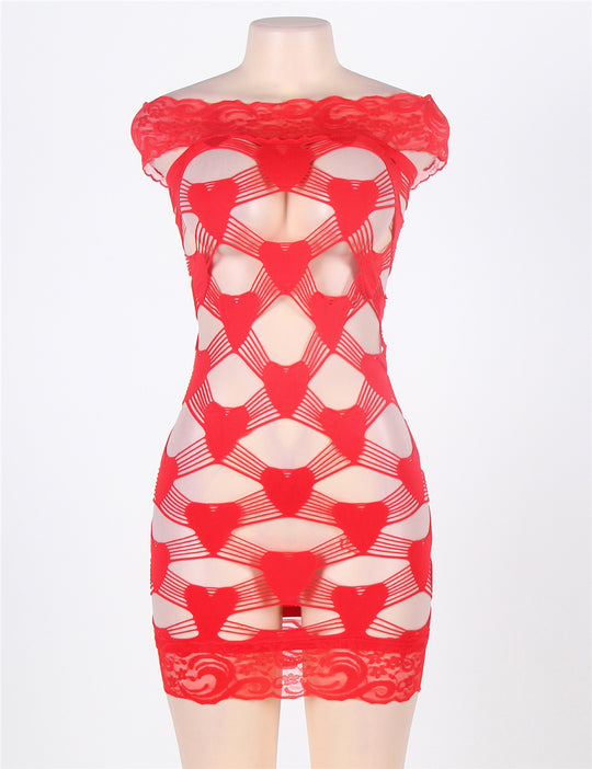 Plus Size Off Shoulder Fence-Net Red Bodystocking in red - Love It Curvy