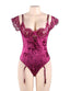 Plus Size Sheer Lace Off-The-Shoulder Lace Sleeves Velvet Teddy in Burgundy - Love It Curvy