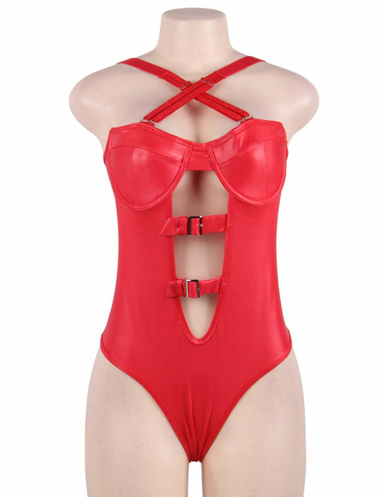 Plus Size Faux Leather Cutout Teddy in red - Love It Curvy