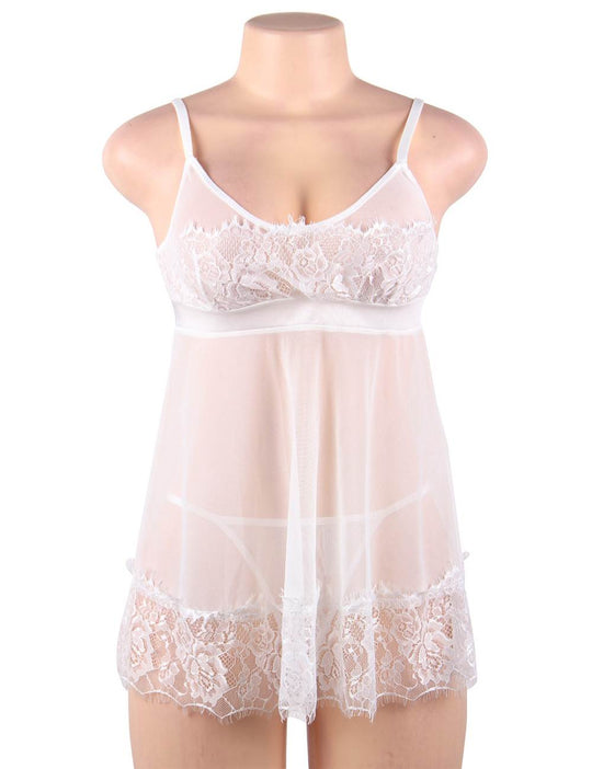 Plus Size Pretty Ladies White Eyelash Trim Lace Chemise in White - Love It Curvy