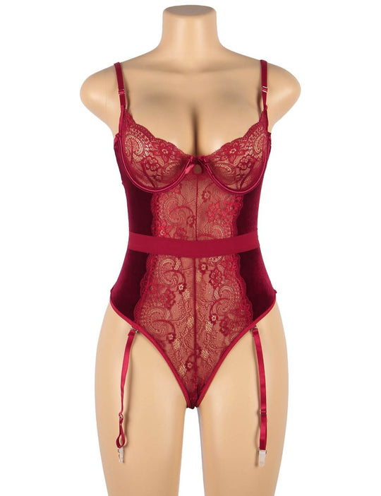 Lace Velour Plus Size Garter Bodysuit With Underwire in red - Love It Curvy