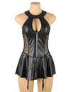 Plus Size Black Sexy Halter Leather Lace Stitching Gartered Lingerie - Love It Curvy