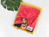 Packaged red satin fabric with a model image on a white background