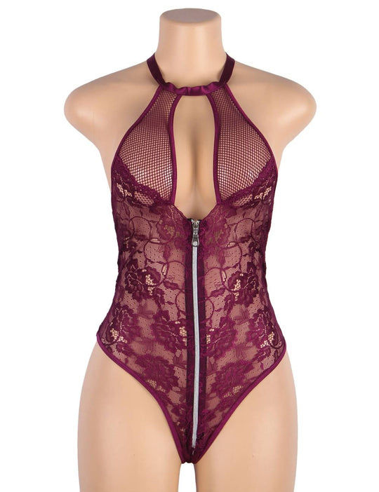 Love It Curvy: Plus Size Floral Lace Stitching Backless Zipper Teddy in burgundy - Love It Curvy