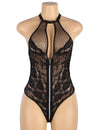 Plus Size Sexy Floral Lace Stitching Backless Zipper Teddy in burgundy - Love It Curvy