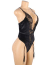 Deep V Garter Lace Velvet Stitching Teddy - Love It Curvy