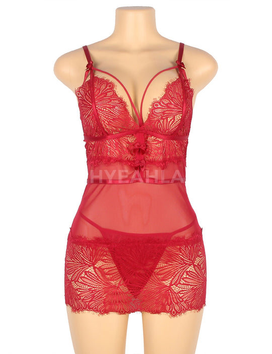 Plus size lace babydoll with adjustable shoulder straps in red, image 1