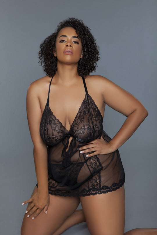 Bridgette plus size floral lace and sheer mesh babydoll set, image 9
