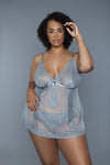 Bridgette plus size floral lace and sheer mesh babydoll set in Grey, image 4