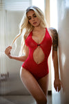 Love It Curvy Lace Trim Keyhole Halter Fishnet Bodysuit