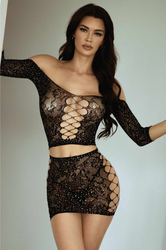 Love It Curvy Two-Piece Rhinestone Bodystocking Set with Thong