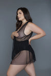 Black sheer mesh lingerie set with V-neckline, designed for plus-size curves, perfect for confident style.
