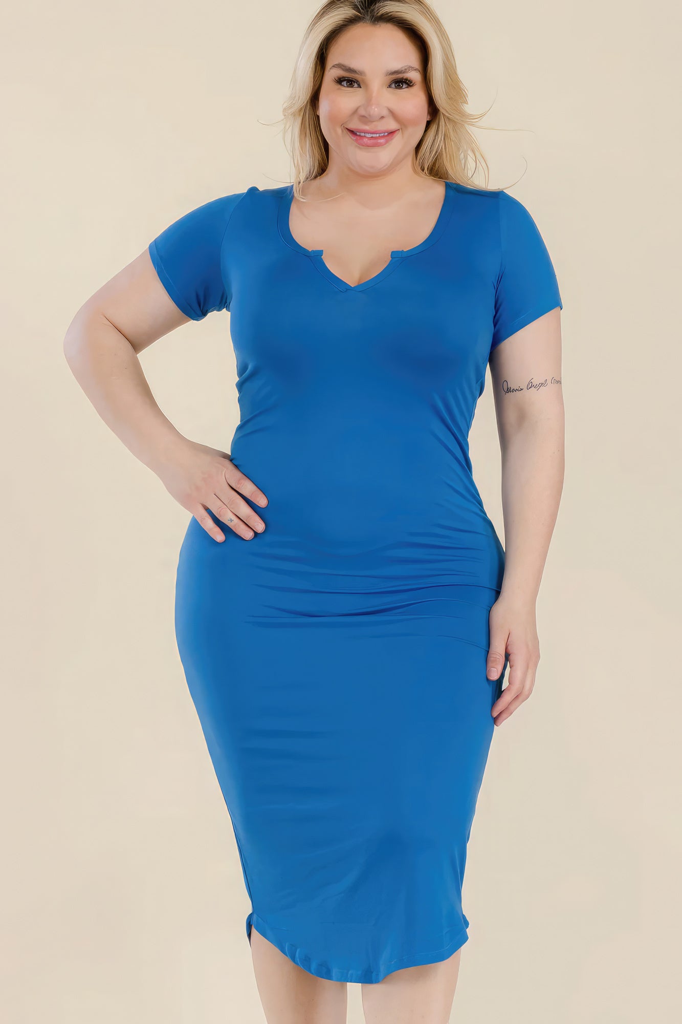 Plus Size Split Neck Bodycon Midi Dress - Love it Curvy