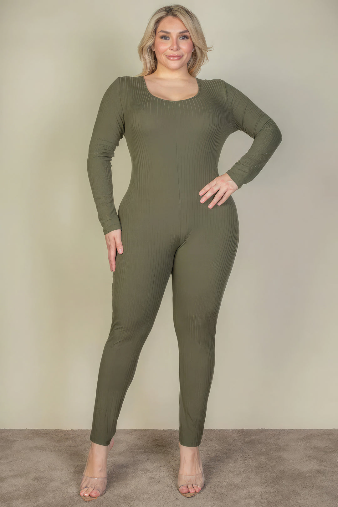 Plus Size Ribbed Scoop Neck Long Sleeve Jumpsuit - Love it Curvy