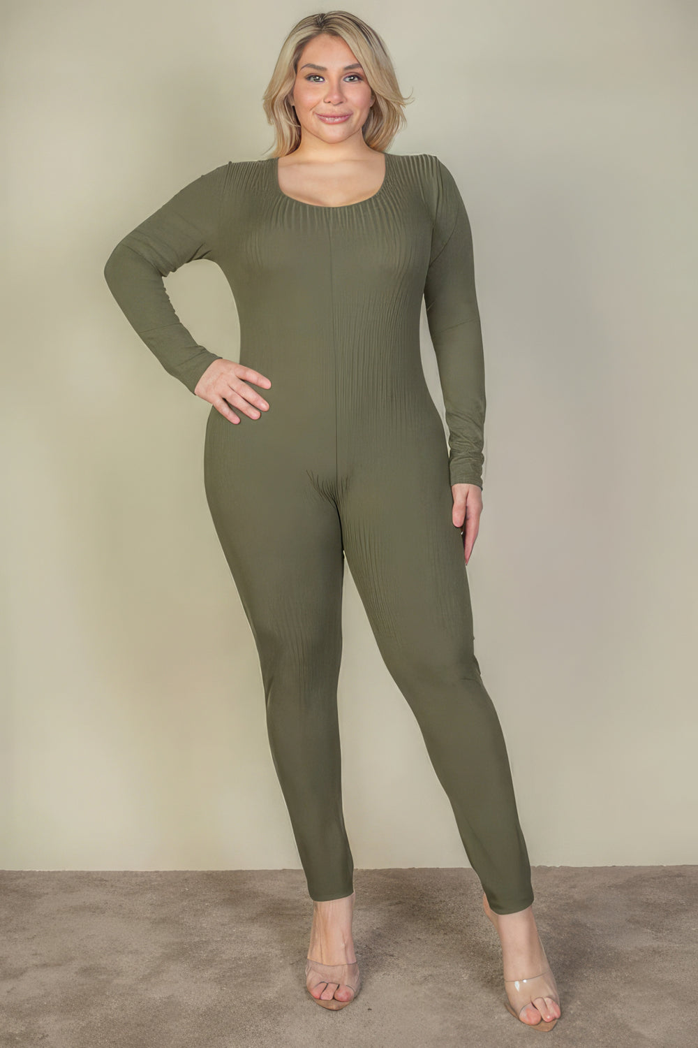 Plus Size Ribbed Scoop Neck Long Sleeve Jumpsuit - Love it Curvy