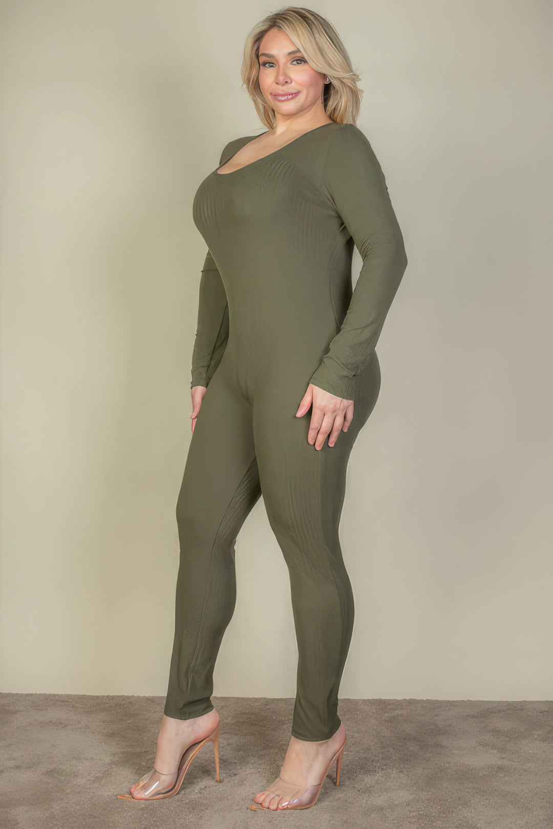Plus Size Ribbed Scoop Neck Long Sleeve Jumpsuit - Love it Curvy