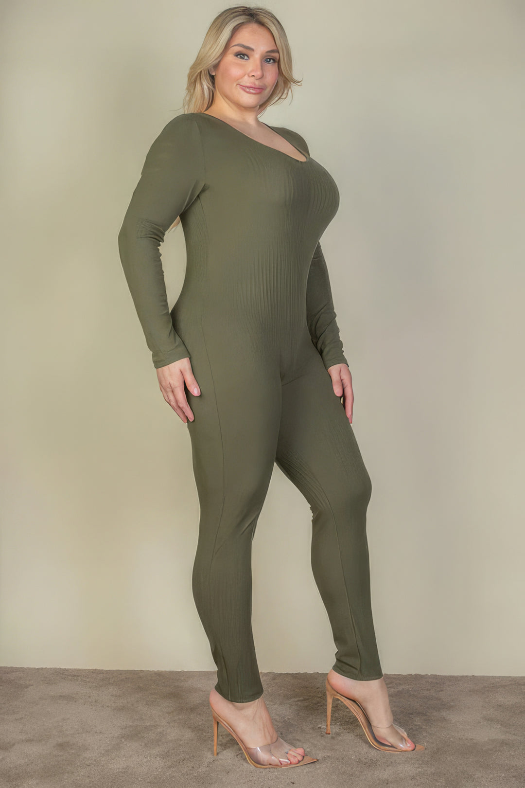 Plus Size Ribbed Scoop Neck Long Sleeve Jumpsuit - Love it Curvy