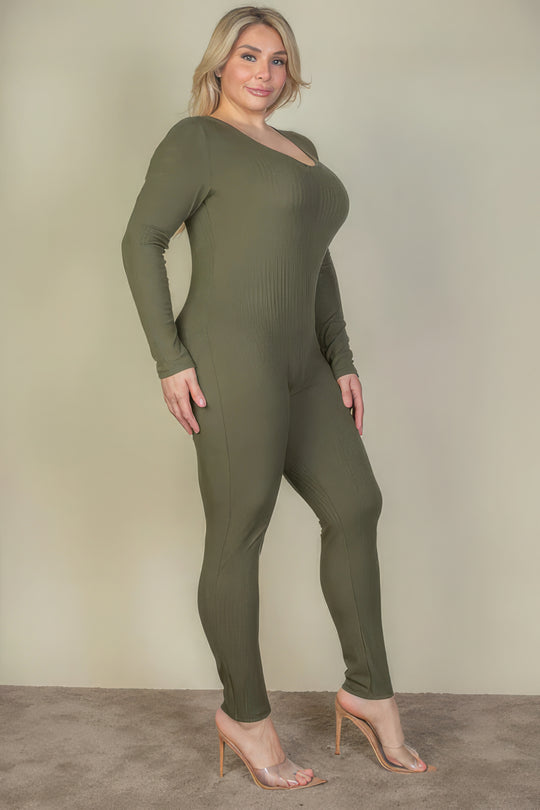 Plus Size Ribbed Scoop Neck Long Sleeve Jumpsuit - Love it Curvy
