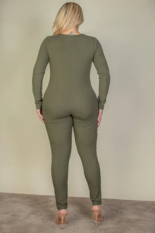 Plus Size Ribbed Scoop Neck Long Sleeve Jumpsuit - Love it Curvy