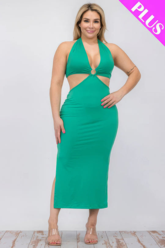 Plus Size Cut-out Halter Neck Double Back Tie Split Thigh Midi Dress - Love it Curvy