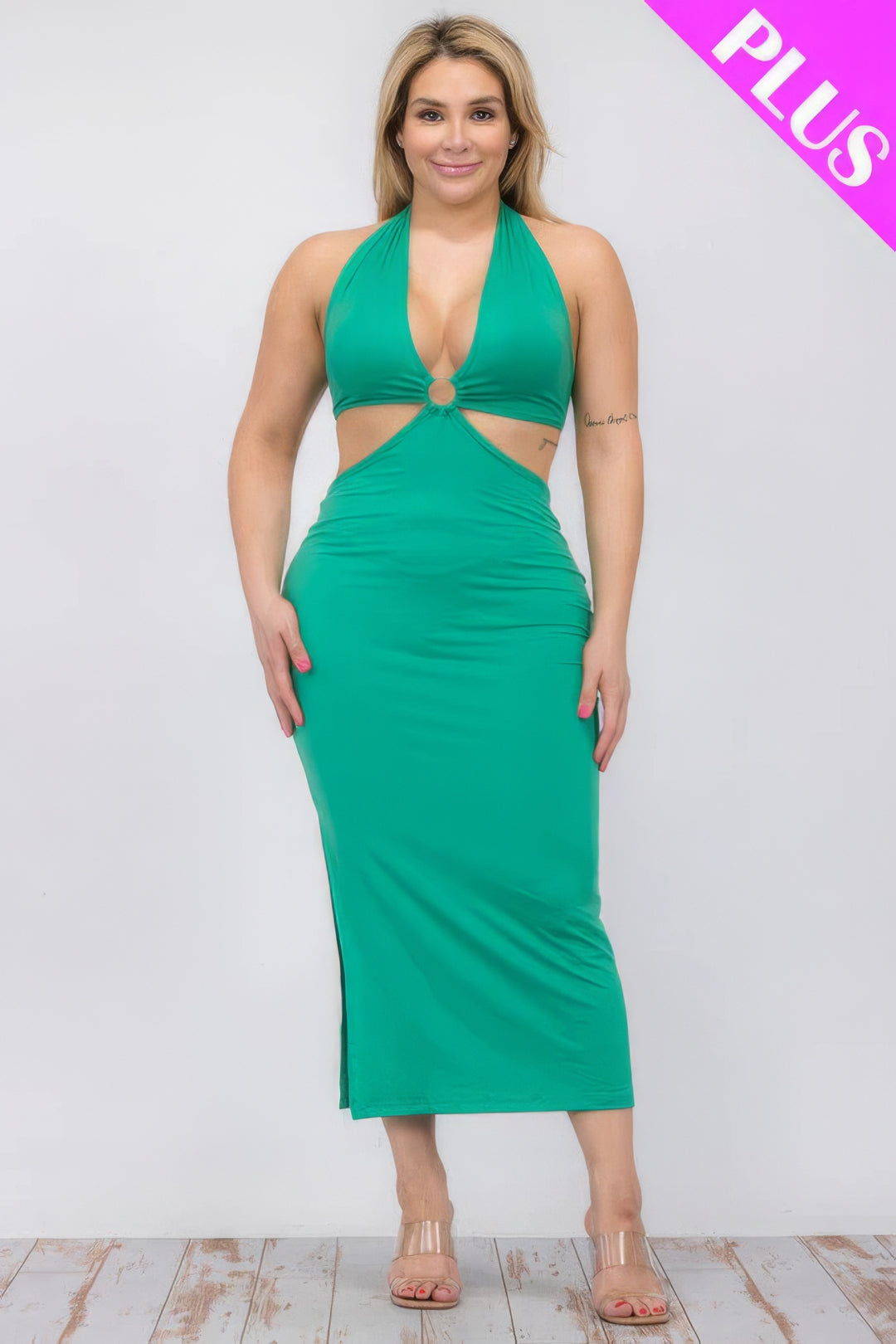 Plus Size Cut-out Halter Neck Double Back Tie Split Thigh Midi Dress - Love it Curvy