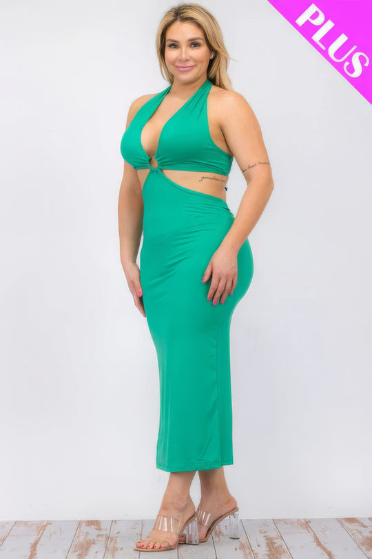Plus Size Cut-out Halter Neck Double Back Tie Split Thigh Midi Dress - Love it Curvy
