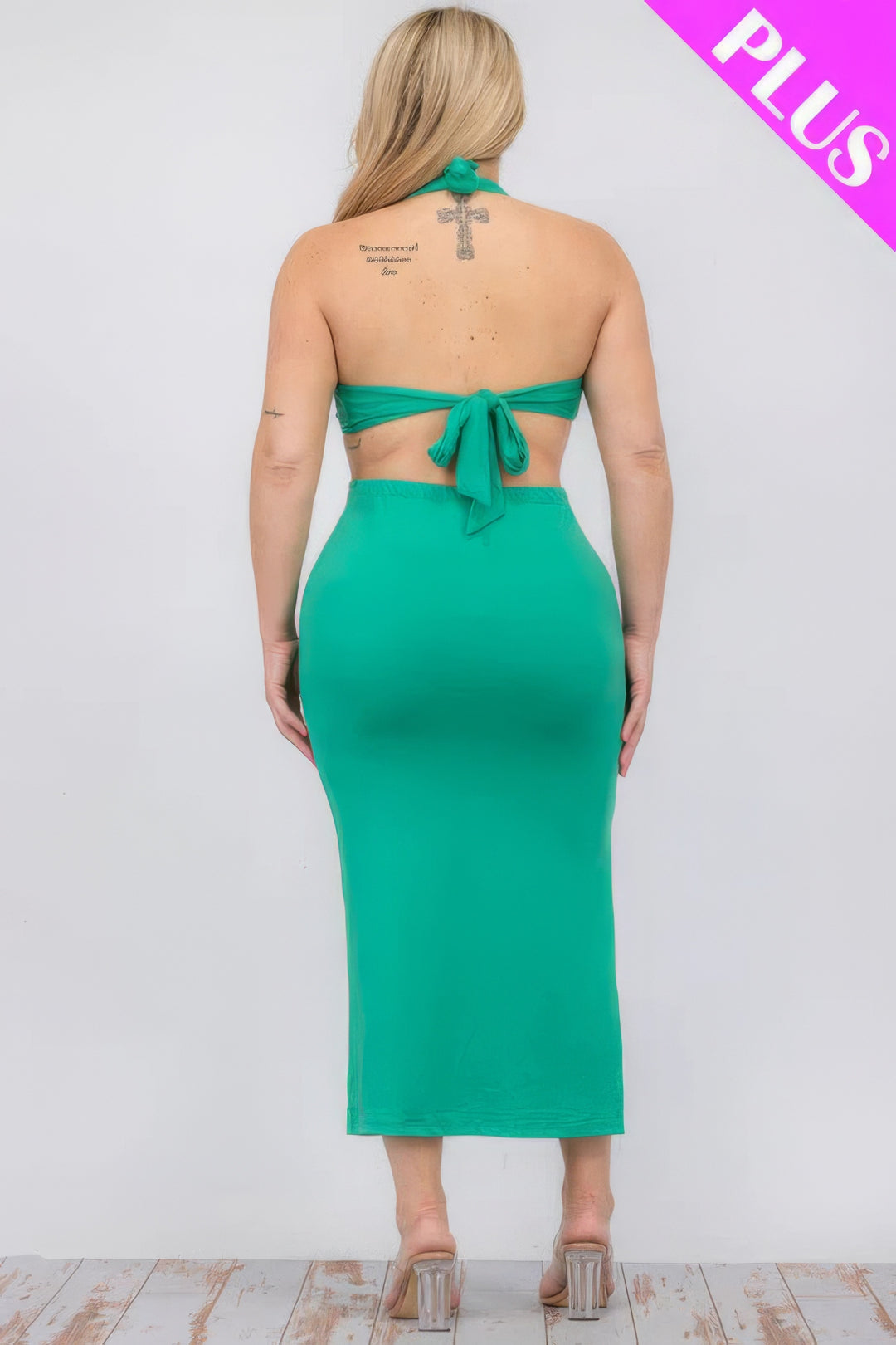Plus Size Cut-out Halter Neck Double Back Tie Split Thigh Midi Dress - Love it Curvy