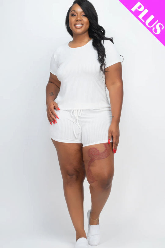 Plus Size Ribbed Short Sleeve Top&shorts Set - Love it Curvy