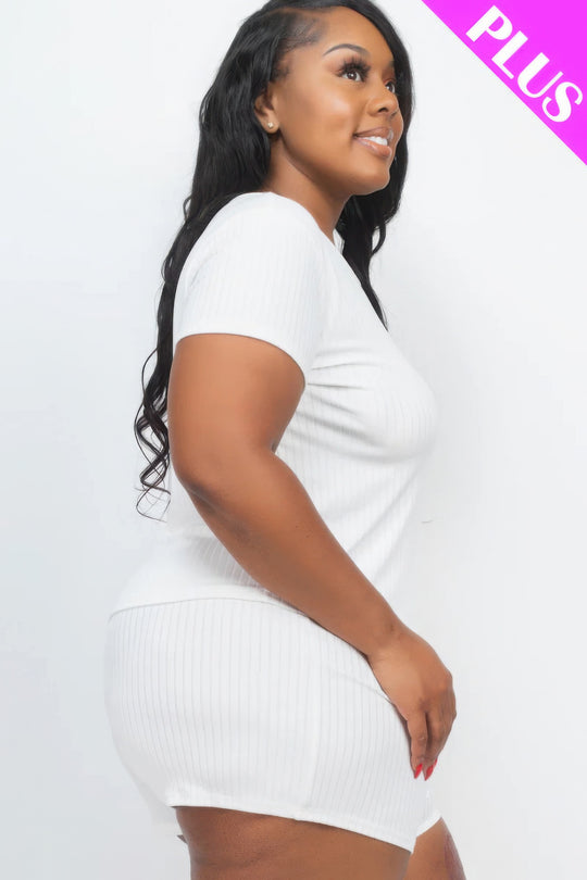 Plus Size Ribbed Short Sleeve Top&shorts Set - Love it Curvy