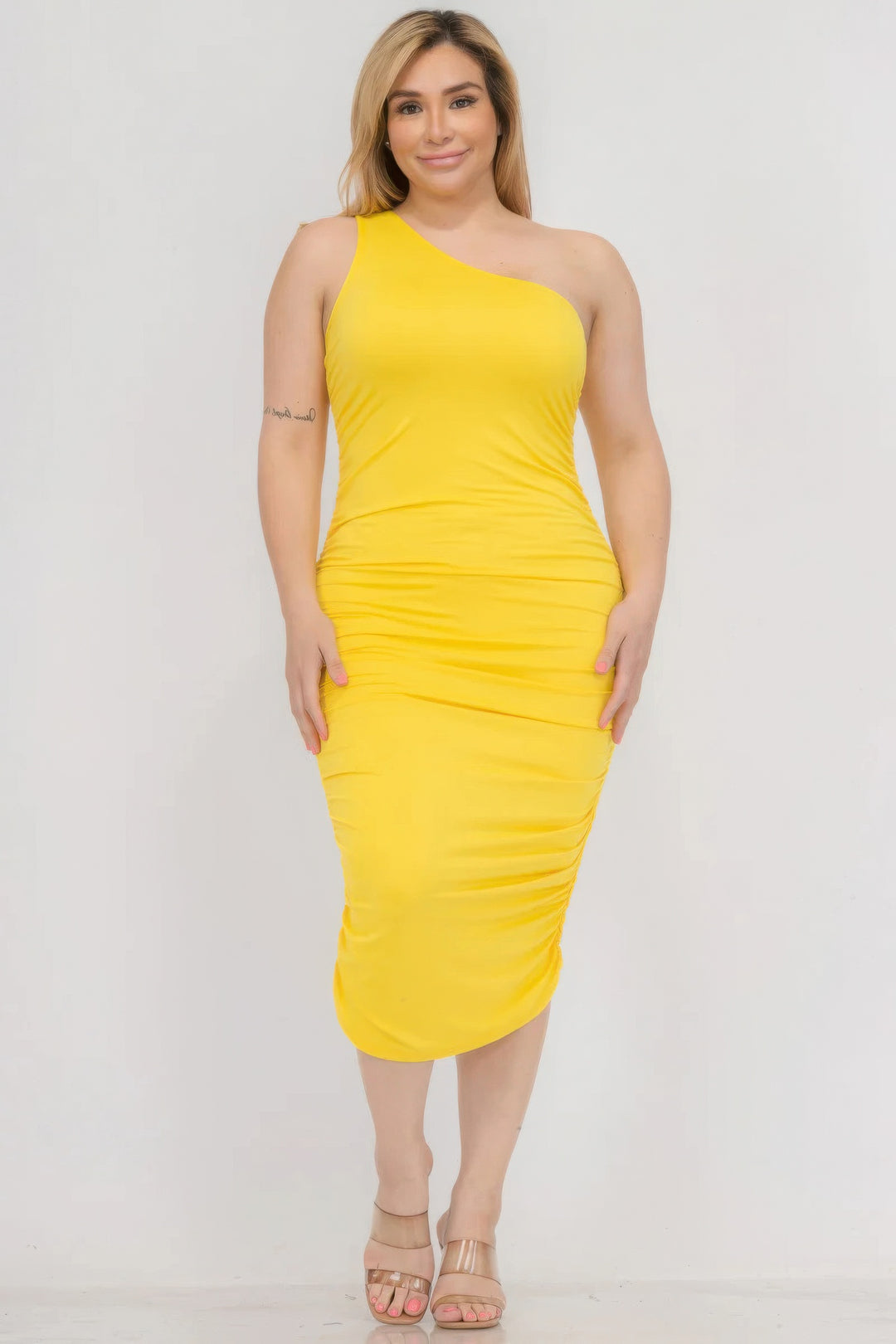 Plus Size Sexy Solid Color Ruched One Shoulder Midi Bodycon Dress - Love it Curvy