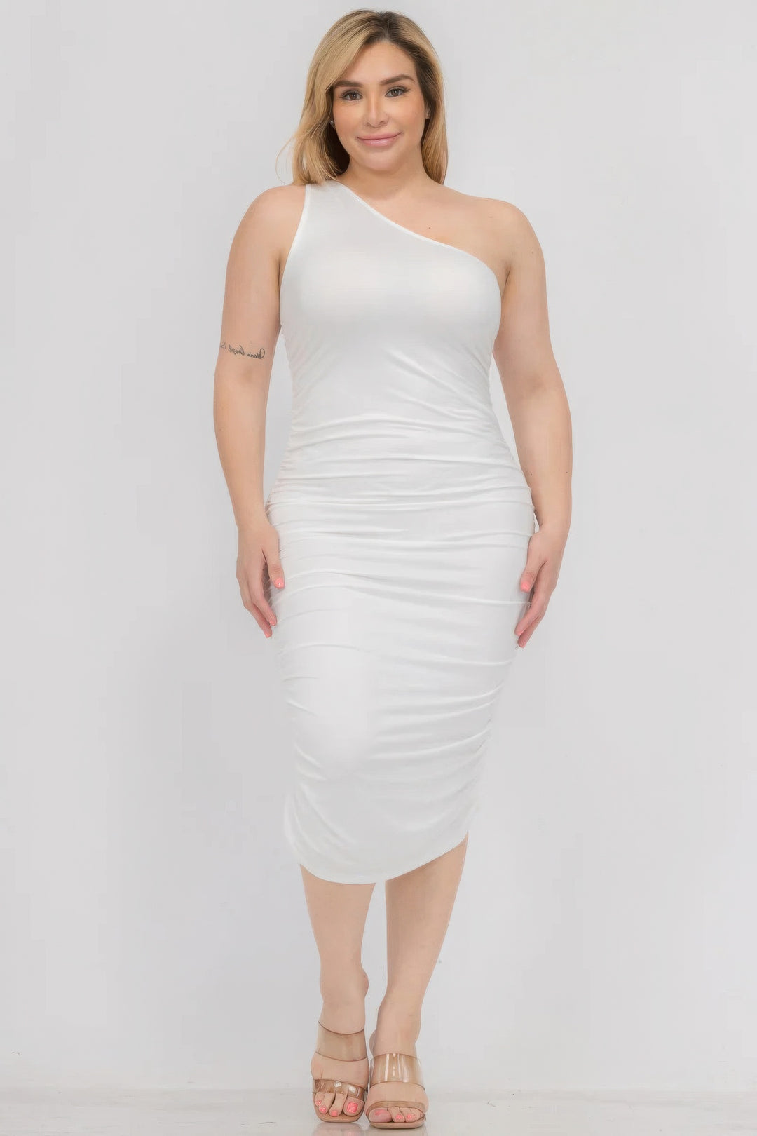 Plus Size Sexy Solid Color Ruched One Shoulder Midi Bodycon Dress - Love it Curvy