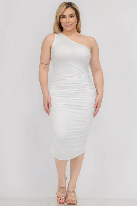 Plus Size Sexy Solid Color Ruched One Shoulder Midi Bodycon Dress - Love it Curvy