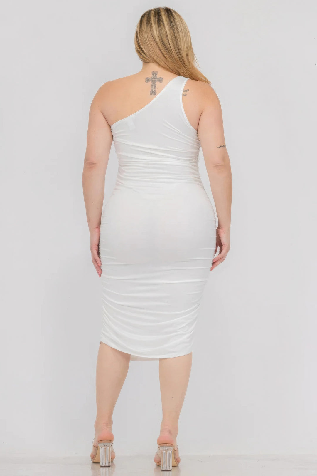 Plus Size Sexy Solid Color Ruched One Shoulder Midi Bodycon Dress - Love it Curvy
