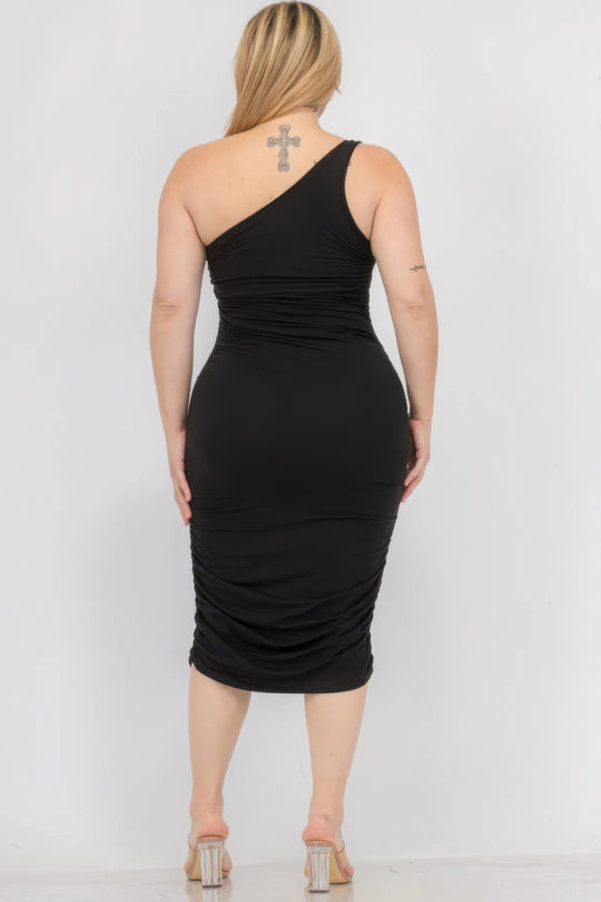Plus Size Sexy Solid Color Ruched One Shoulder Midi Bodycon Dress - Love it Curvy
