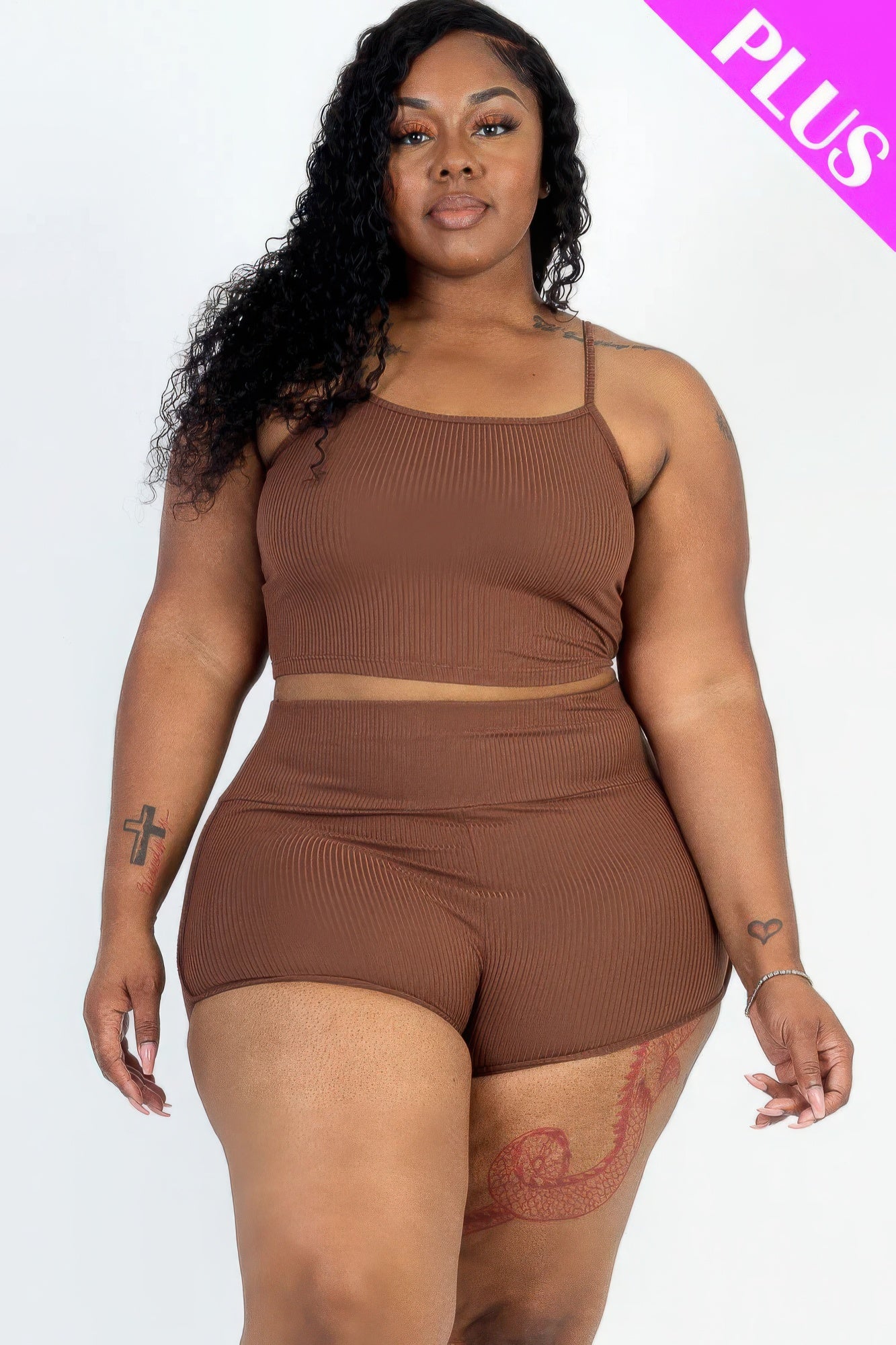 Plus Size Ribbed Cami Crop Top & Ruched Shorts Set - Love it Curvy
