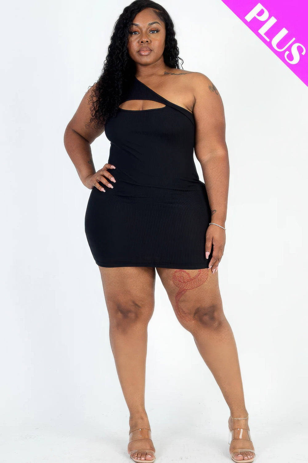 Plus Size Ribbed One Shoulder Cutout Front Casual Mini Bodycon Dress - Love it Curvy