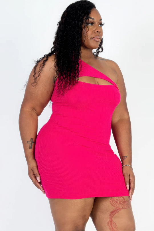 Plus Size Ribbed One Shoulder Cutout Front Casual Mini Bodycon Dress - Love it Curvy