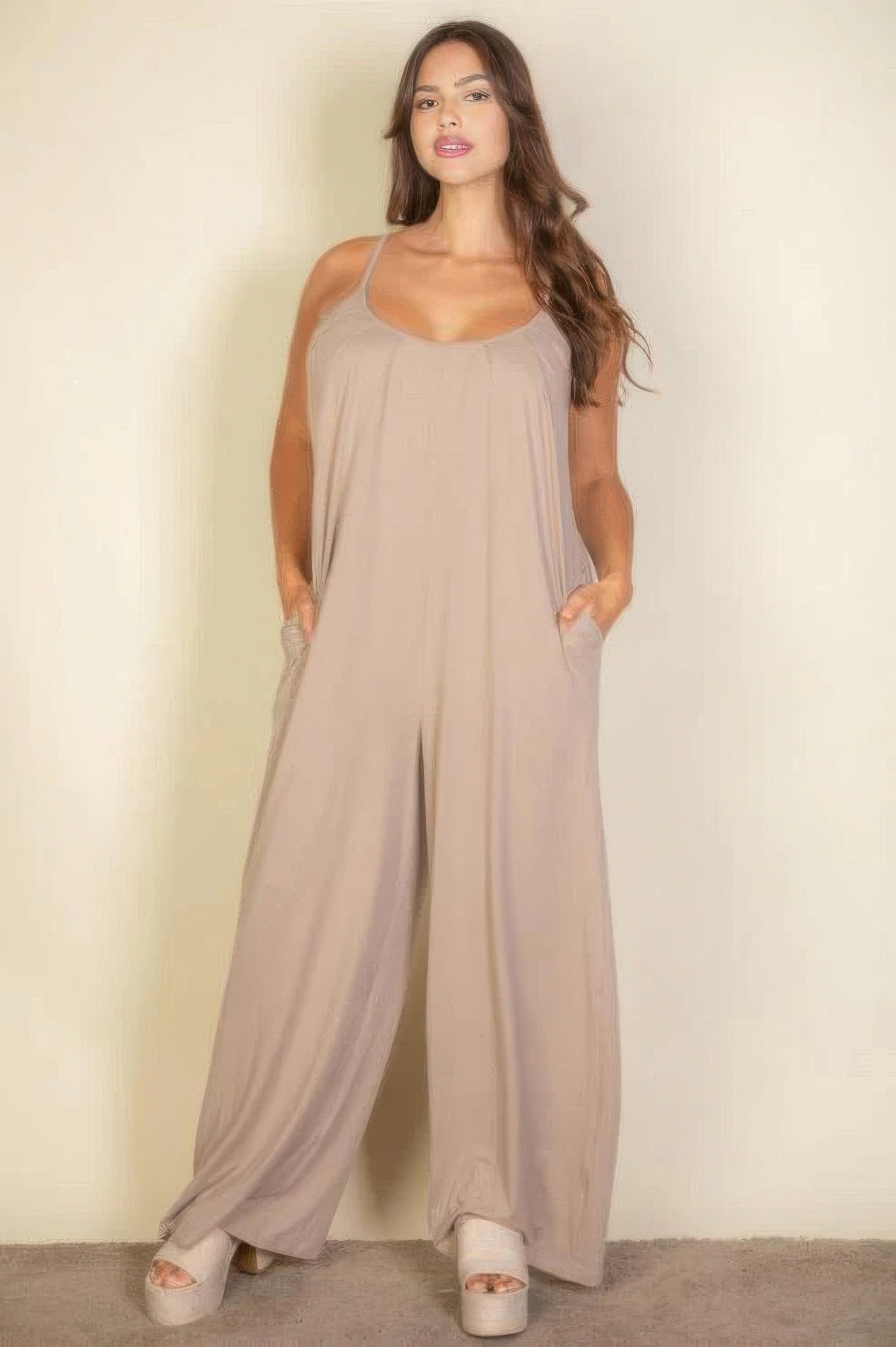 Plus spaghetti strap solid wide jumpsuit - Love it Curvy