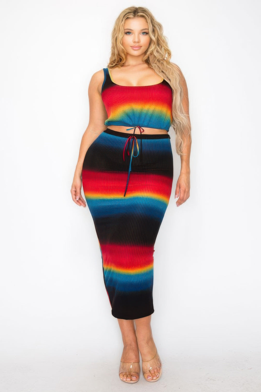 Plus Sleeveless Tie Dye Stripe 2 Piece Skirt Set - Love it Curvy