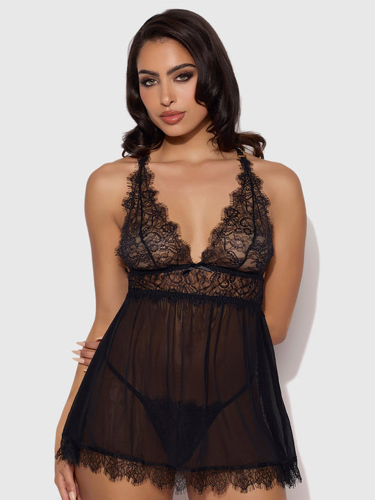 Mila Eyelash Lace & Mesh Babydoll & G-String Set from Love It Curvy