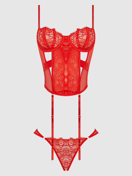 Nadia Lace & Mesh Corset & Backless Hipster Set from Love It Curvy