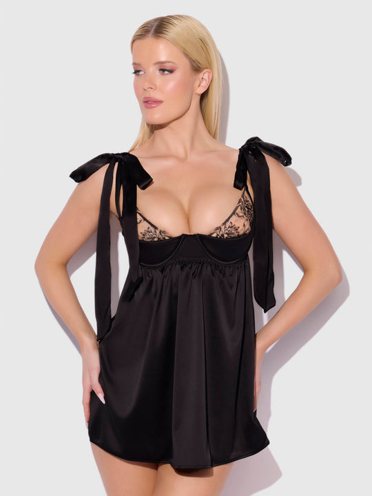 Brigeta Satin Open Cup Babydoll & G-String Set from Love It Curvy