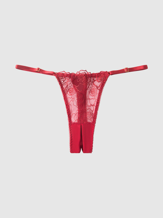 Rosalie Embroidered Lace & Mesh Crotchless Thong from Love It Curvy